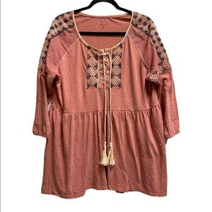 Hannah embroider shoestring tie front tunic top M